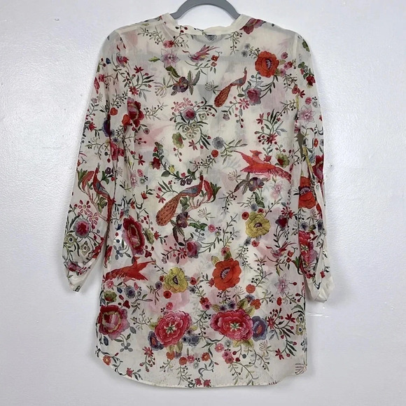 Zara Woman’s M Peacock Garden Floral Semi-sheer V-Neck 1/2 Button Tunic Top - Picture 2 of 7